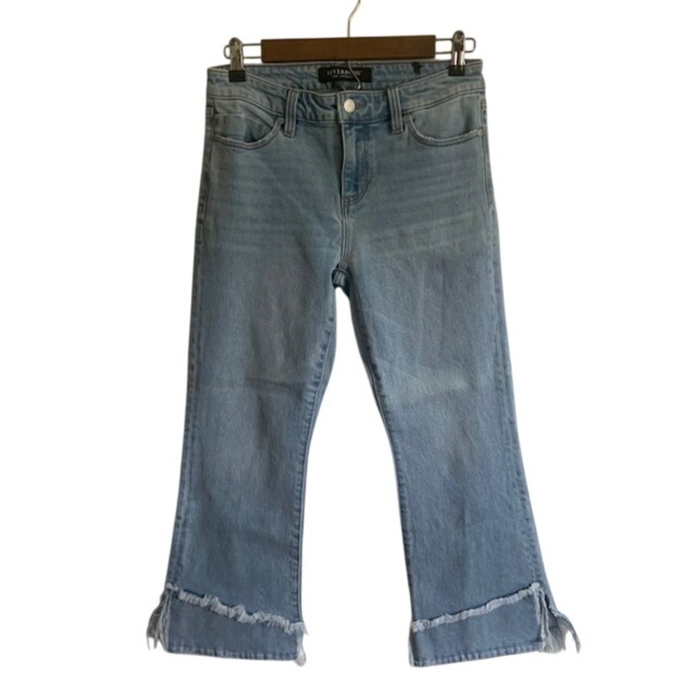 Liverpool Crop Flare Jeans 4/27 Light Wash Raw Hem Slit Denim Boho Y2K